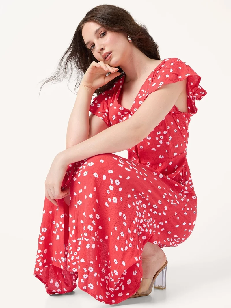 أوجيدر فستان أحمر مطبوع بأزرار